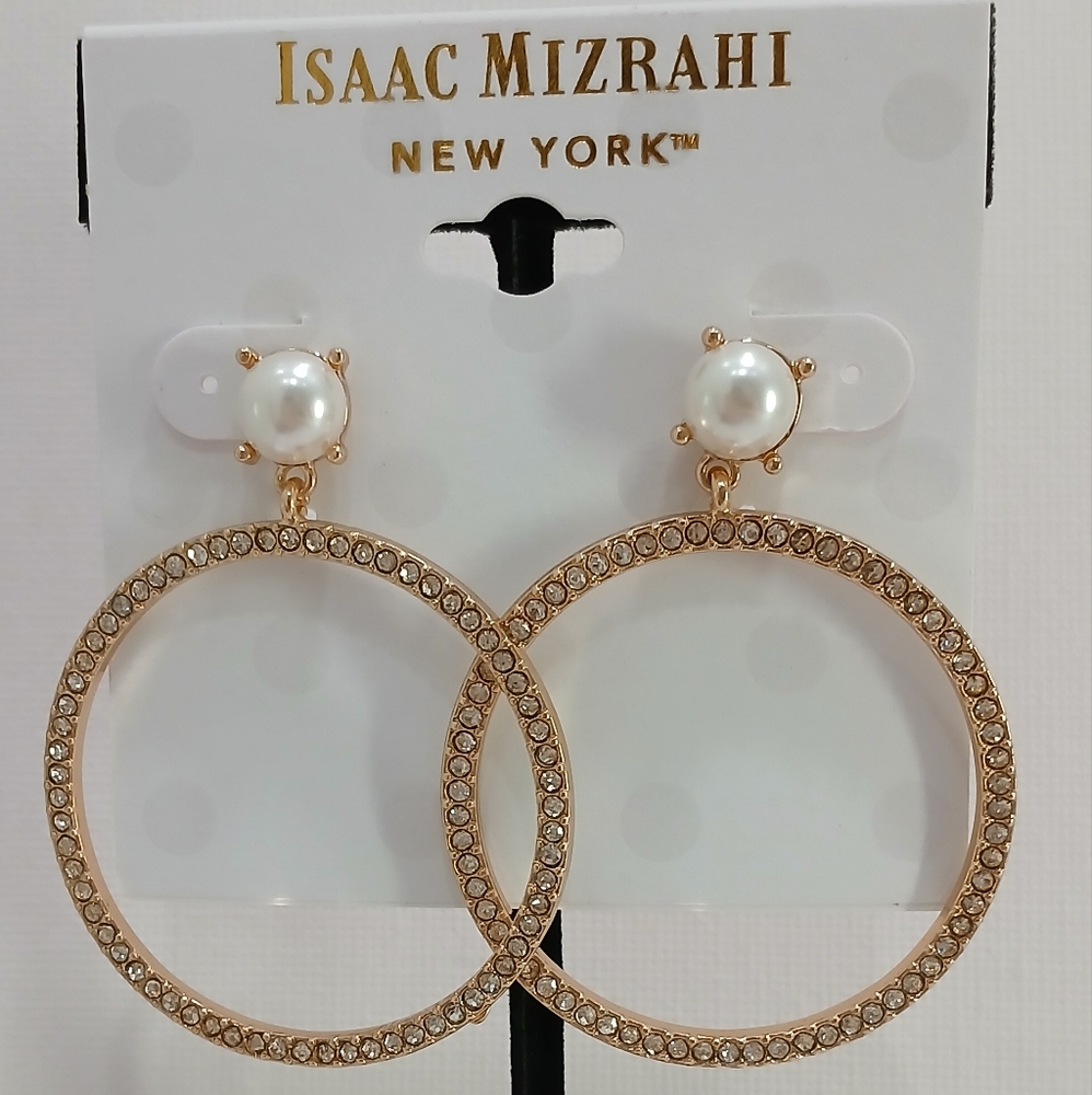 Isaac Mizrahi Gold, Pearl & Crystal Hoop Earrings NEW!